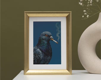 Pigeon Smoking Cigarette Art, Funny Bird Wall Art, Cool Animal