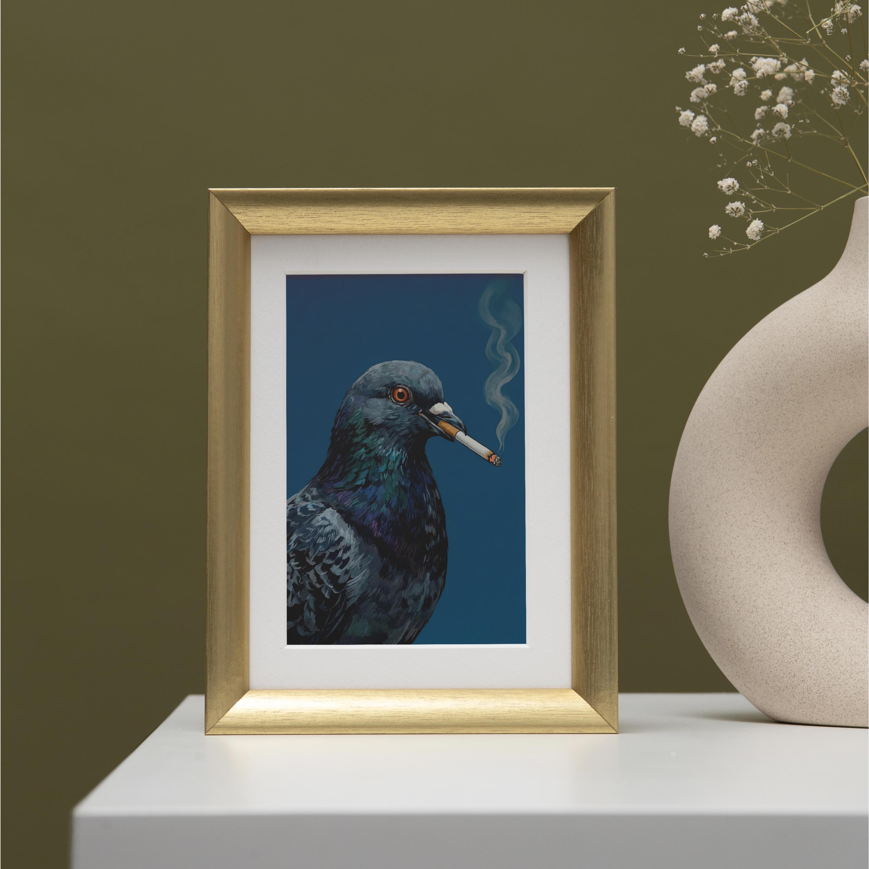 Smoking Pigeon Art Cigarette, Funny Bird Wall Art, Cool Animal