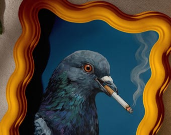 Pigeon Smoking Cigarette Art, Funny Bird Wall Art, Cool Animal