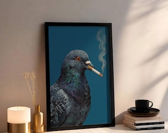 Smoking Pigeon Art Cigarette, Funny Bird Wall Art, Cool Animal