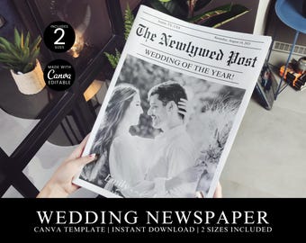 Hochzeit-Zeitungs-Programm-Vorlage, gefaltete Fotoeinladung (Digitaler Download)