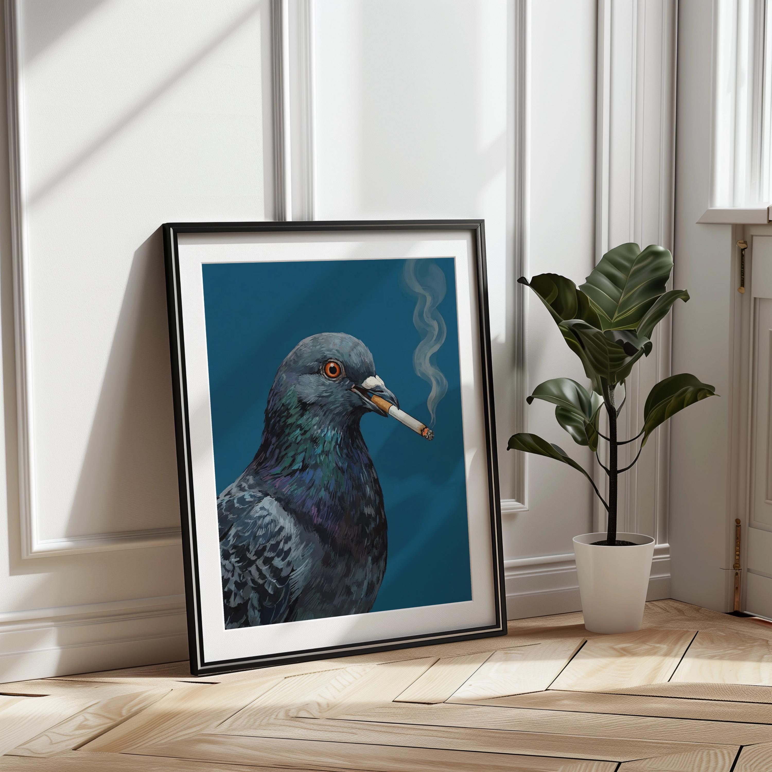Smoking Pigeon Art Cigarette, Funny Bird Wall Art, Cool Animal