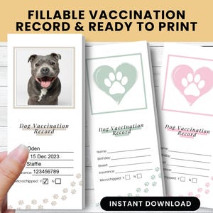 Hondenvaccinatierecord, huisdiervaccinatietracker, logboek puppyvaccinatie, record puppyschoten, afdrukbare pdf direct downloaden