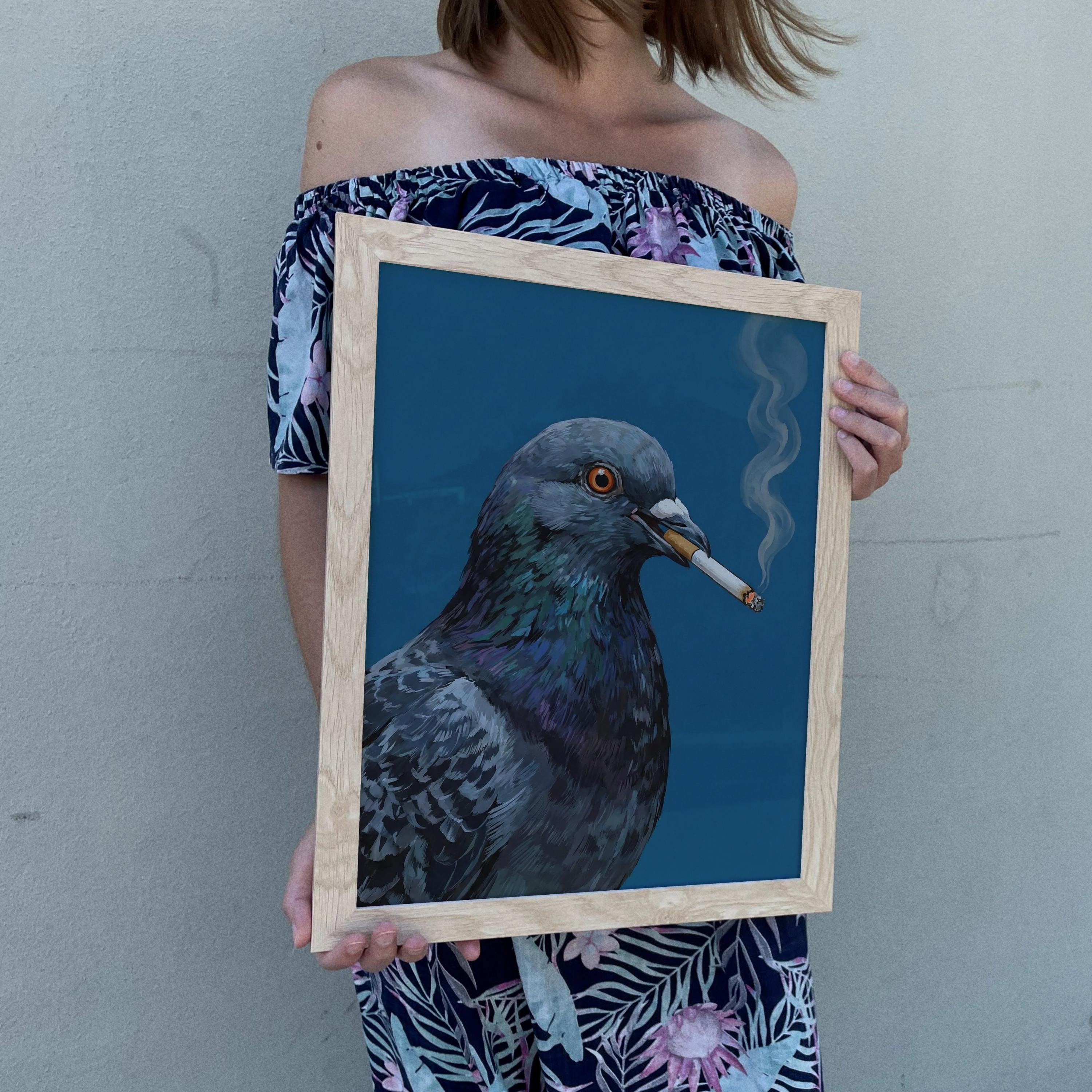Smoking Pigeon Art Cigarette, Funny Bird Wall Art, Cool Animal