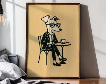 Louvier en el Café / Arte mural de galgo italiano / Impresión artística minimalista de perro / Póster de decoración moderna