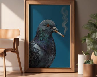 Pigeon Smoking Cigarette Art, Funny Bird Wall Art, Cool Animal