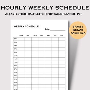 May include: A black and white printable weekly schedule planner with hourly time slots from 5 AM to 8 PM. The planner includes days of the week from Monday to Sunday. The text "2 Pages Instant Download" is in the top right corner.