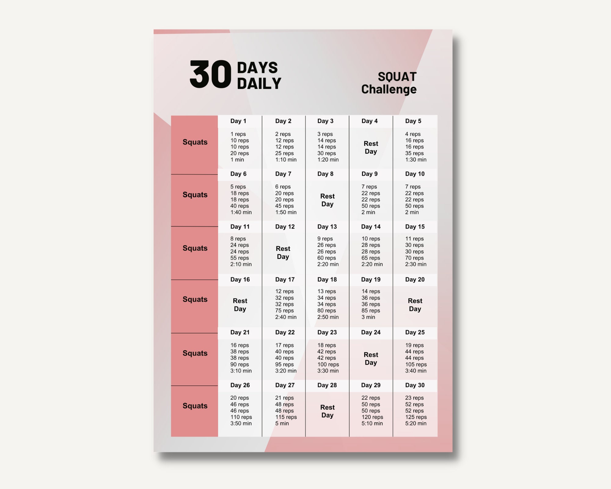 Printable Squat Challenge Etsy
