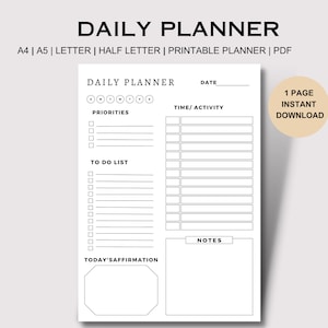 Afdrukbare dagelijkse planner, dagelijkse bevestigingen, dagelijkse takenlijstplanner, persoonlijke planner, ongedateerd, agendaplan, planner voegt A4, A5, LETTER in