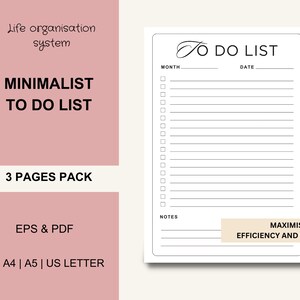 Puede incluir: Una lista de tareas minimalista imprimible con un diseño en blanco y negro. La imprimible incluye una sección para el mes, la fecha, notas y una lista de tareas. El texto "MAXIMISE YOUR EFFICIENCY AND SUCCESS" está en la parte inferior de la página.