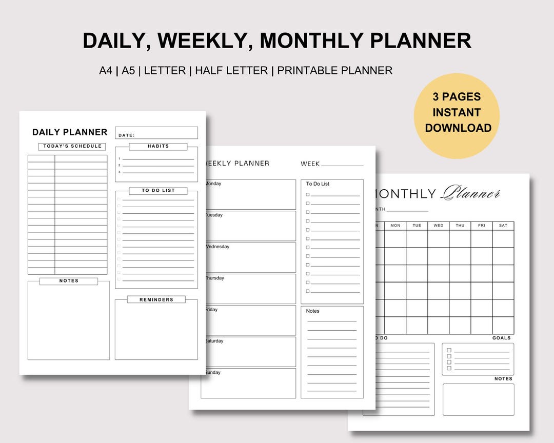 Printable Daily, Weekly & Monthly Planner Bundle PDF, A4 / Letter ...