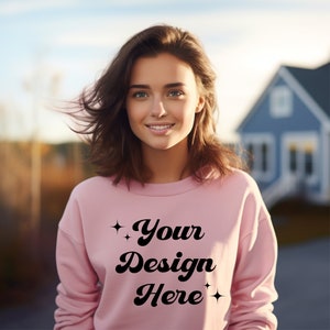 Gildan 18000 Light Pink Sweatshirt Mockup Sweatshirt Model Mockup, Outdoor Simple Minimalist Light Pink Sweatshirt Mockup