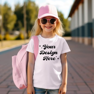 Kids Back To School T- shirt Mock ups, White Bella Shirt, Kids Model Mockup with backpack, First day of school, Back to School Mockup