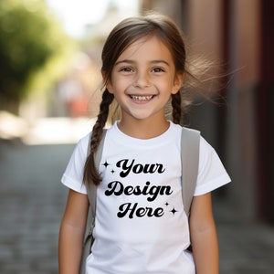 Kids Back To School T- shirt Mock ups, White Bella Shirt, Kids Model Mockup with backpack, First day of school, Back to School Mockup