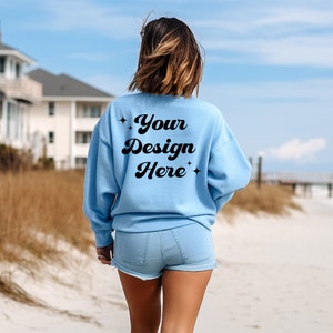 Light Blue Gildan 18000 Mockup Light Blue Sweatshirt Mockup Sweatshirt Model Mockup Gildan Crewneck Mockups Back of Sweatshirt Beach Mockup
