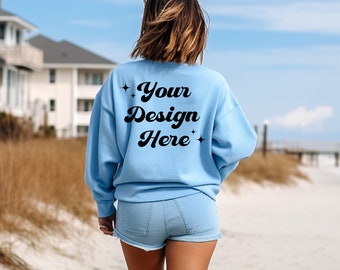 Light Blue Gildan 18000 Mockup Light Blue Sweatshirt Mockup Sweatshirt Model Mockup Gildan Crewneck Mockups Back of Sweatshirt Beach Mockup