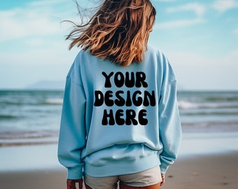 Light Blue Gildan 18000 Mockup Light Blue Sweatshirt Mockup Sweatshirt Model Mockup Gildan Crewneck Mockups Back of Sweatshirt Beach Mockup