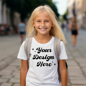 Kids Back To School T- shirt Mock ups, White Bella Shirt, Kids Model Mockup with backpack, First day of school, Back to School Mockup