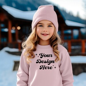 Kids Pink Sweatshirt Youth Mockup Bundle Youth Sweatshirt Mock up Gildan Winter Snow Christmas Mockup Girl Mock up