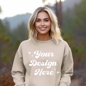 Gildan 18000 Sand Sweatshirt Mockup Sweatshirt Model Mockup, Outdoor Boho Simple Minimalist Sand Sweatshirt Mockup