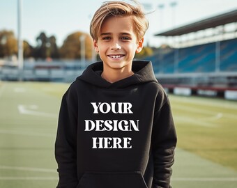 Maqueta de sudadera con capucha Gildan para niños Paquete de maqueta juvenil Gildan negro Maqueta de sudadera juvenil Maqueta de otoño deportiva de Gildan Maqueta de Gildan para niños