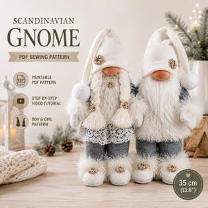 May include: Two plush Scandinavian gnomes, one with braided hair and one with a long beard, wearing cream hats and grey trousers. The text reads SCANDINAVIAN GNOME PDF SEWING PATTERN, PRINTABLE PDF PATTERN, STEP-BY-STEP VIDEO TUTORIAL, BOY & GIRL PATTERN, 35 cm (13.8").