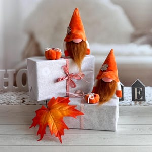 May include: Two plush gnomes with orange velvet hats, long brown beards, and pink noses, each featuring a small wooden leaf accent. They are displayed with two white gift boxes tied with patterned ribbon, two small orange pumpkins, and a maple leaf.