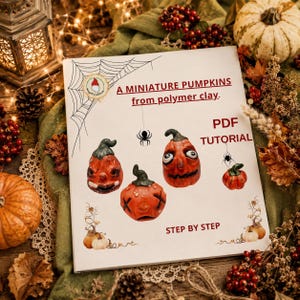 May include: A book titled "A Miniature Pumpkins from polymer clay" with a PDF tutorial. The cover features illustrations of orange miniature pumpkins with carved faces, spiderwebs, and spiders. The background includes pumpkins, leaves, and berries.