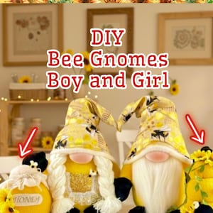 Modello di cucito per gnomo ape, alveare e barattolo di miele fai da te, gnomo girasole