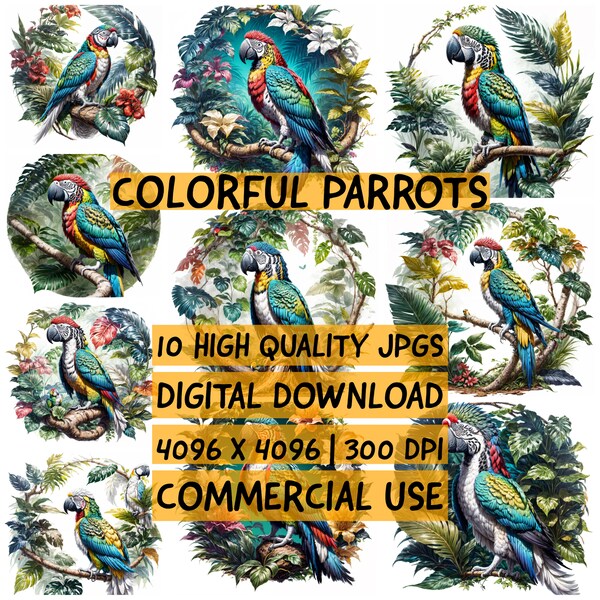 Colorful Parrots in Jungle Printable Clipart Digital Download Commercial Use Mugs Apparel Coasters Greeting Cards Stickers Wall Art Poster