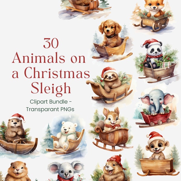 Cute Animals on a Christmas Sleigh Clipart, Christmas Nursery, Safari Animal Clipart, Xmas clipart, Woodland Animal Clipart, Cuteness Animal