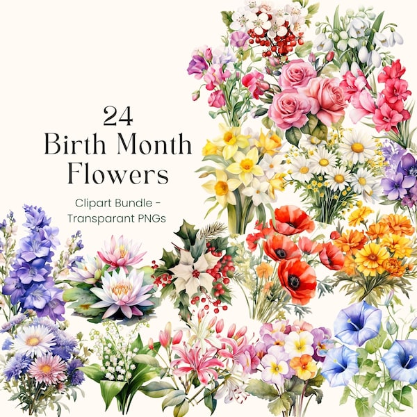 24 Watercolor Birth Month Flower Clipart, Birth Month Floral, Seasonal Clipart, Bouquet Clipart, Birthmonth flower, Birth Flowers PNG,Bundle