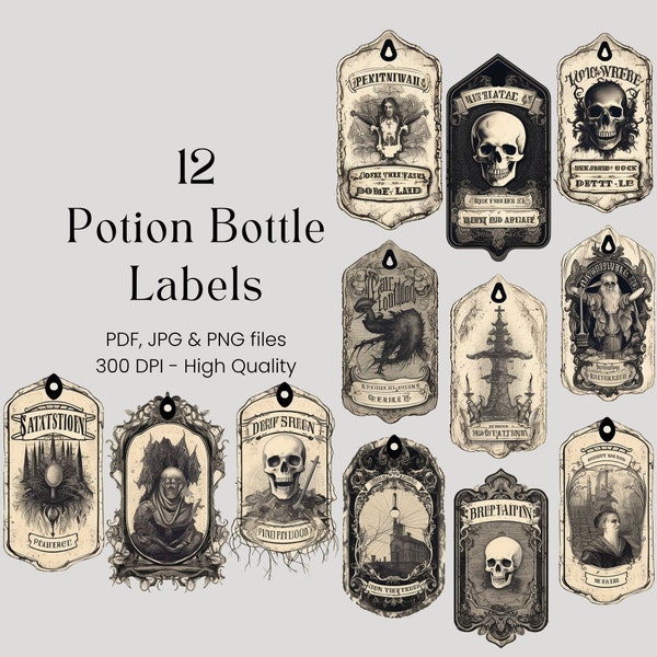 12 Printable Potion Bottle Labels, Apothecary Labels, Bottleful Fussy Cutting, Darkacademia, Magical Potions, Witch Spell Book, Junk Journal