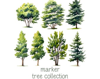 Marker Trees Digital Clipart Set - 7 Trees - Digital Collage - Floral Elements - Watercolor Trees - Invitations