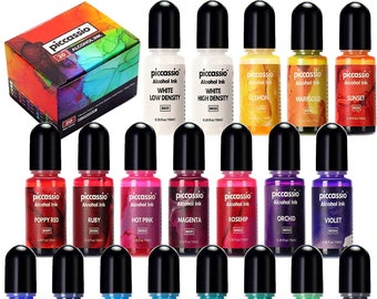 Piccassio Alcohol Ink Set - 20 Vibrant Alcohol Inks - Acid-Free, Fast-Drying, and Permanent Ink for Resin, Fluid Art, Tumblers, Ceramic, etc