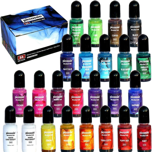 Alcohol Ink Set - 24 Highly Saturated Alcohol Inks - Acid-Free, Fast-Drying and Permanent Inks for Resin, Fluid Art Painting, Glass, Metal