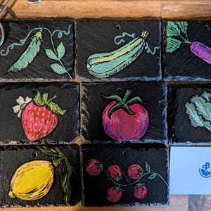 Op de afbeelding: Een verzameling handgeschilderde leistenen onderzetters met kleurrijke illustraties van verschillende groenten en fruit, waaronder een peul, courgette, radijs, aardbei, tomaat en citroen. Een visitekaartje met een logo is ook aanwezig.