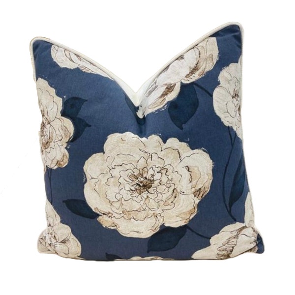 Elegant White and Navy Peony Flowers Pillow Cover, Decorative Pillow Cover, High End Pillows, Throw Pillows, Home Decor, 20x20 Pillow Cover