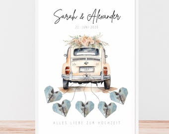 Regalo de boda / regalo de dinero para bodas, póster personalizado con coche de boda, para imprimir y decorar, billete de origami