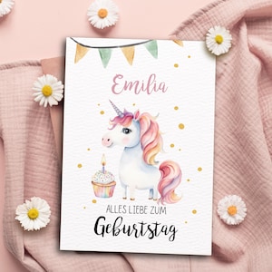 Personalisierte Geburtstagskarte mit Einhorn A6, Grußkarte zum Selbst-Ausdrucken, Last Minute Geschenk zum Geburtstag