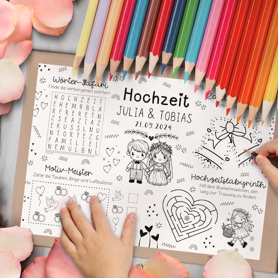 TISCHSET | Aktivitätenmatte Hochzeit | Malunterlage | Personalisierte Matte für Kinder | Kinderbeschäftigung | Rätsel