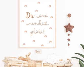 POSTER infinitamente amado beige 1 | Decoración de pared habitación infantil | Regalo bebé | Afirmación del cartel| Regalo de nacimiento | regalo de nacimiento