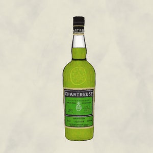 Puede incluir: Una botella verde de licor Chartreuse con tapón negro y etiqueta. La etiqueta muestra el nombre de la marca y otros textos. La botella mide unos 25 cm de alto y contiene 70 cl de licor.