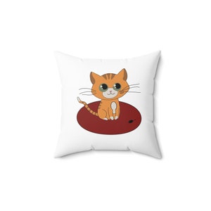Orange Cat Pillow; Cat and Mouse Pillow; Cat Cartoon Decorative Pillow; White Accent Pillow; Spun Polyester Square Pillow