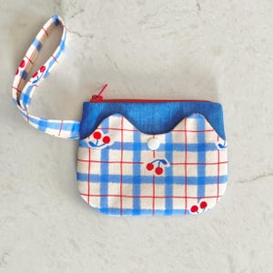 Joli visage de chat avec bracelet double couche, petite pochette, tissu à carreaux, cerise, porte-monnaie, carte, porte-monnaie, fermeture éclair, pression, sac, cadeau fait main pour elle