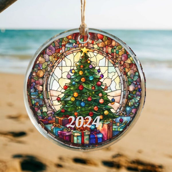 2024 Christmas Ornament Stained Glass Christmas Decor Holiday Gift Glass Heirloom Keepsake Round Glass Christmas Gift Exchange