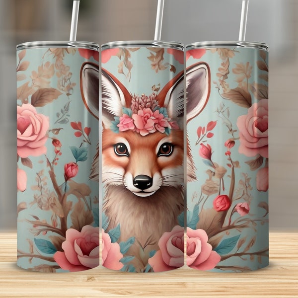 Floral Fox Tumbler, Cute Fox with Flowers Design, Insulated Travel Mug, Unique Gift Idea