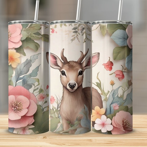 Floral Deer Illustration Tumbler, Stainless Steel Insulated Cup, Non-Slip, Clear Lid, Gift for Nature Lovers