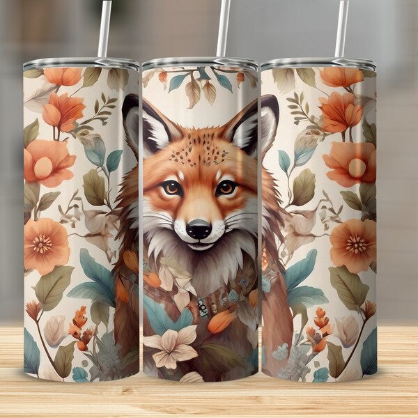 Fox and Floral Design Stainless Steel Tumbler - Nature-Inspired, Travel Cup with Lid, Eco-Friendly, Gift Idea