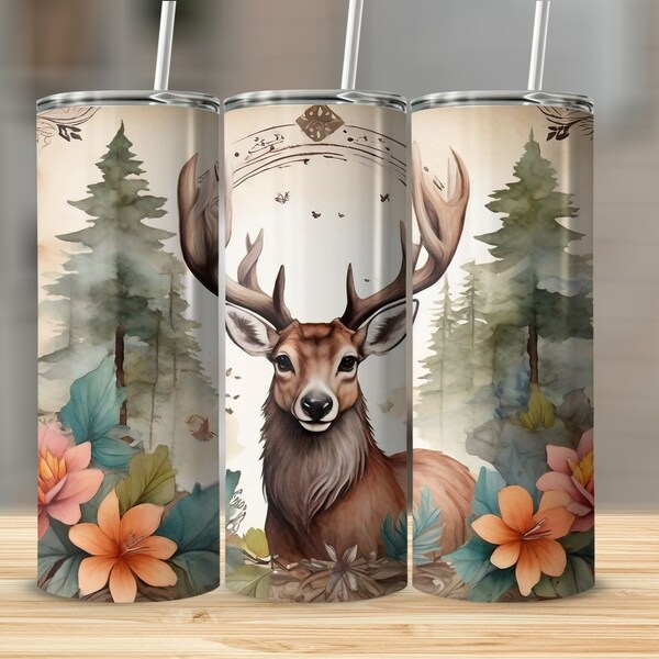 Deer and Floral Watercolor Tumbler, Insulated Stainless Steel Cup, Non-Slip, Eco-Friendly, Gift Idea